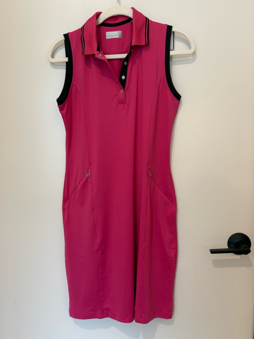 Callaway Fuchsia Pink Sleeveless Polo Golf Pickleball Dress with Black Trim